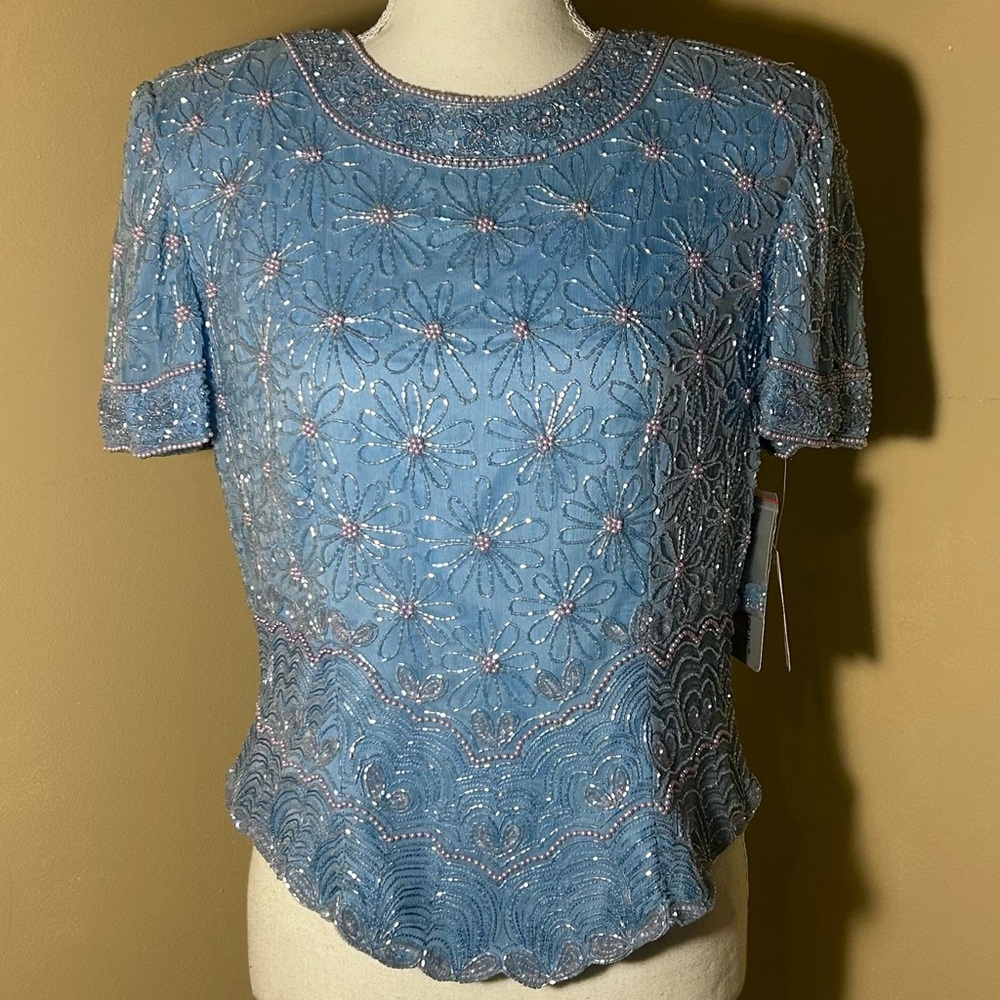 NEW VINTAGE 80s Size 10 Adrianna Papell Boutique Blue Floral Silk Beaded Blouse